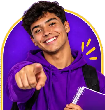 Estudante de moletom roxo apontando para você